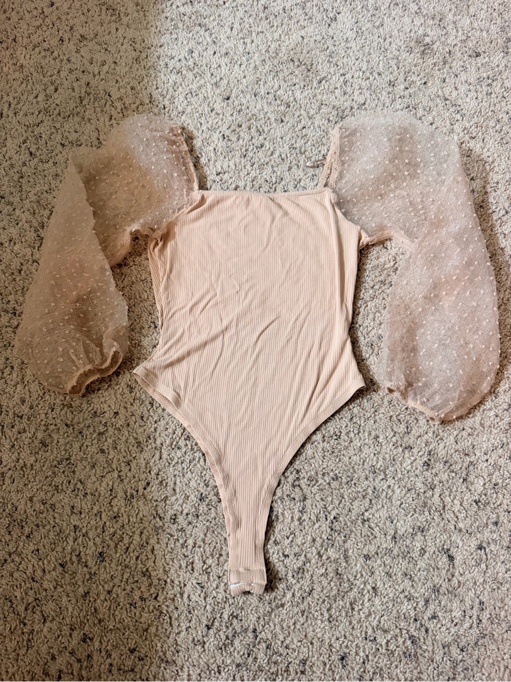 Altar'd State Blush Pink Ribbed Bodysuit with Sheer Puff Sleeves